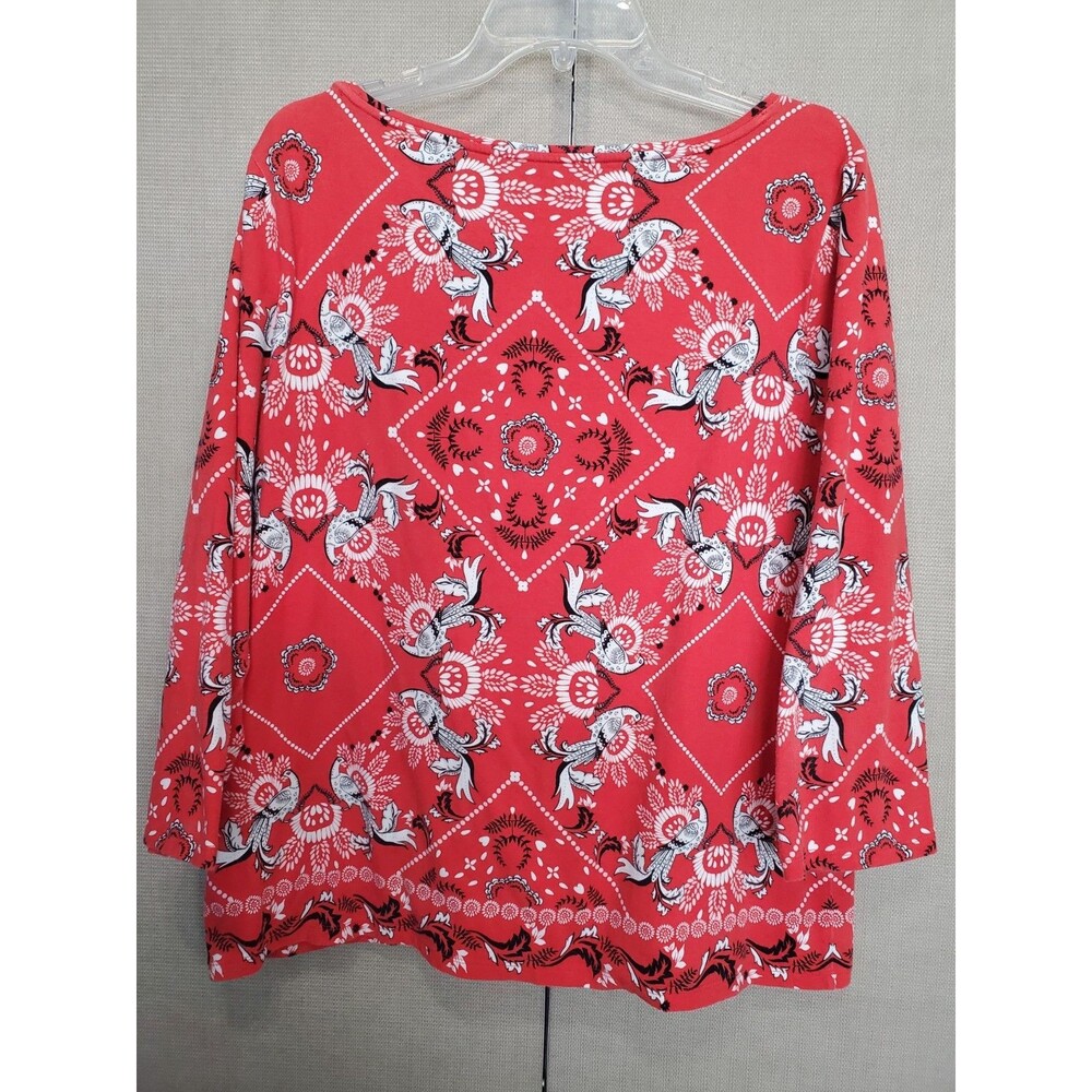 Talbots Cotton/Spandex Red Peacock Bandana Print Bateau Neck T-Shirt Size XL - Picture 4 of 5